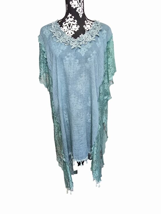 Tops - Dusty Blue Lace Poncho Long With Fringe Hem One Size Boho